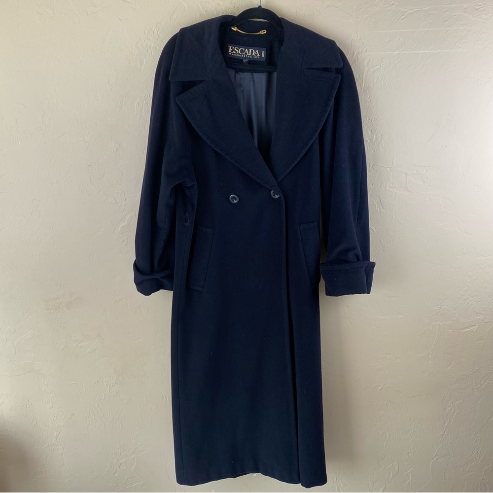 Vintage Escada Margaretha Ley Black Wool Overcoat Long Coat Luxury Germany Large